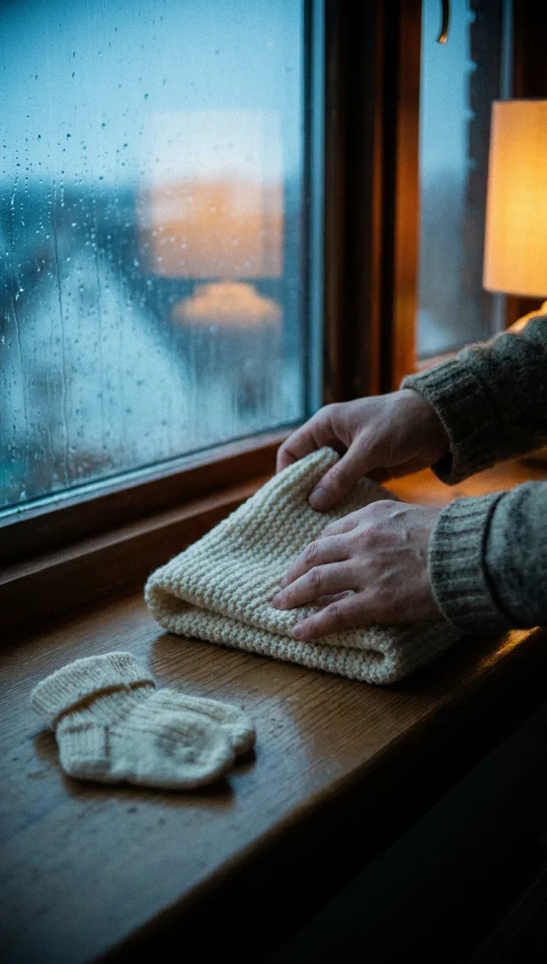 Hands fold a small knitted baby blanket on a rainy windowsill at dawn, baby socks beside it.
