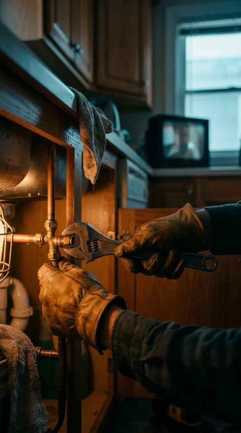 Gloved hands tighten a brass fitting on a copper pipe under a kitchen sink with a wrench.