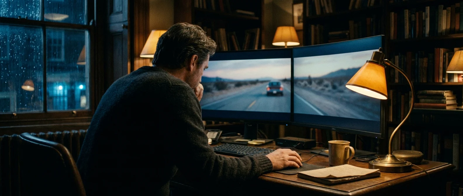 A film editor, seen from behind, leans toward two monitors showing a car on a desert road, in a small dark edit suite lit by brass lamps at night.